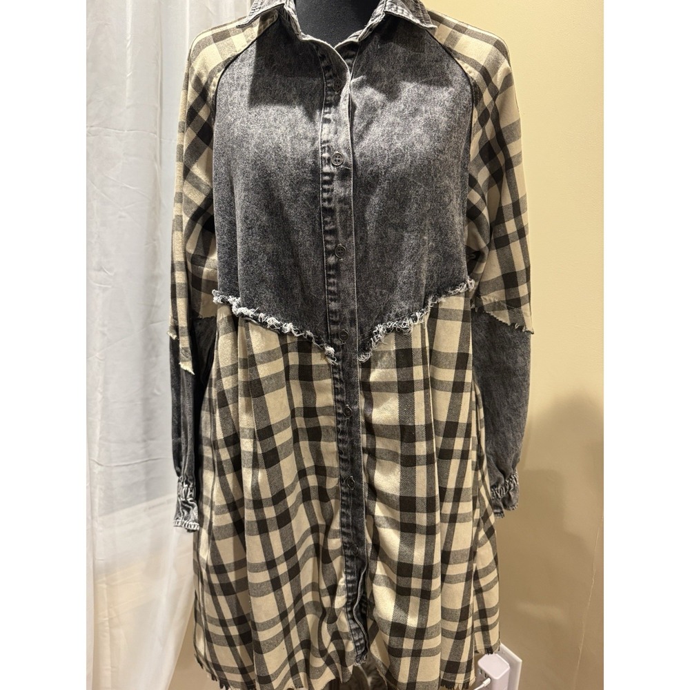 Veveret Plaid Denim Colorblock Shirt Dress Collared Button Front Fringe L